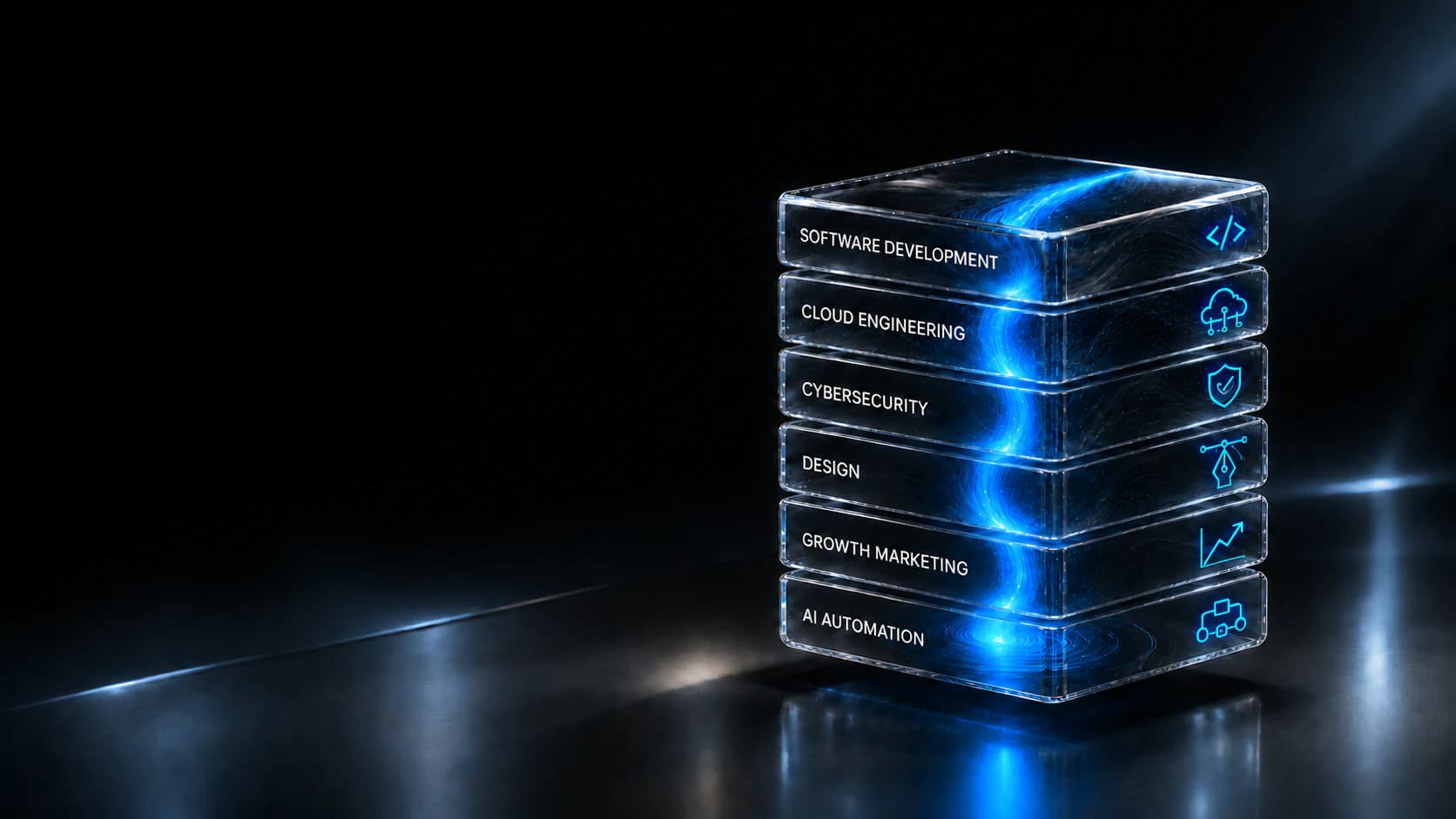 Glass layers labelled Software Development, Cloud Engineering, Cybersecurity, Design, Growth Marketing and AI Automation