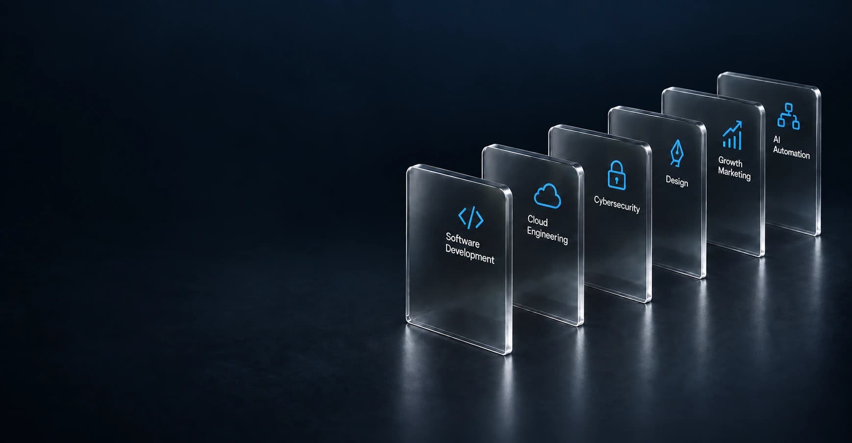 Six glass panels for Software Development, Cloud Engineering, Cybersecurity, Design, Growth Marketing and AI Automation