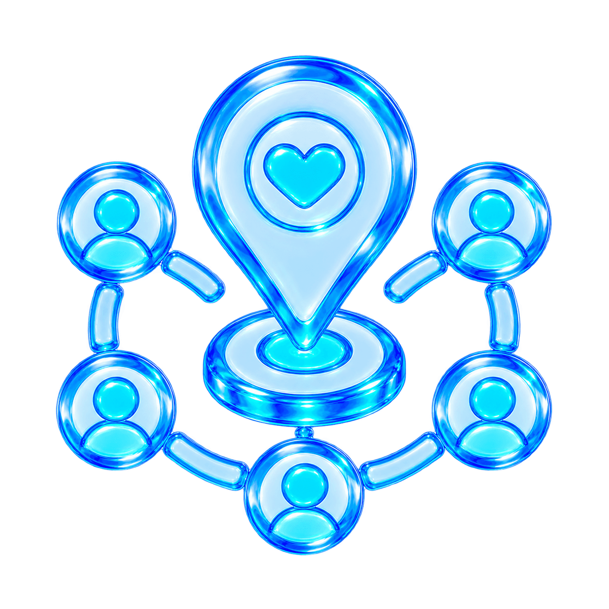 A glass map marker surrounded by community nodes