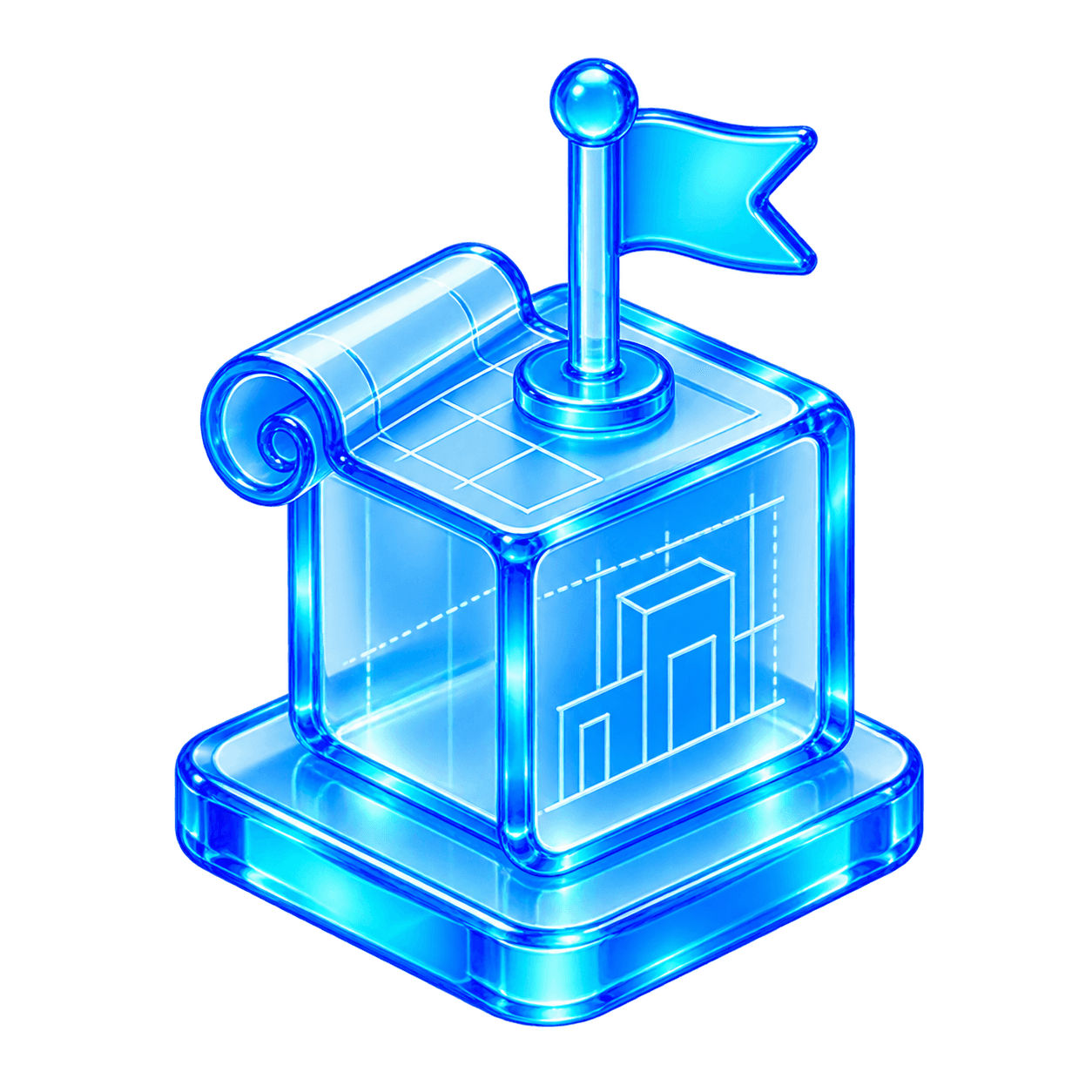 A glass blueprint cube defining the foundation of a new venture