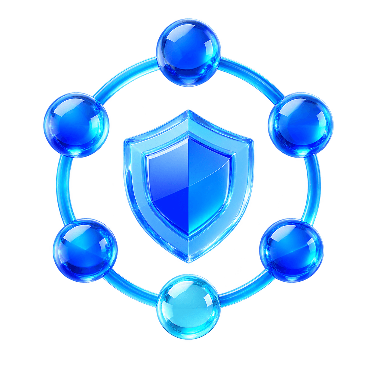 A crystalline blue shield surrounded by connected glass nodes