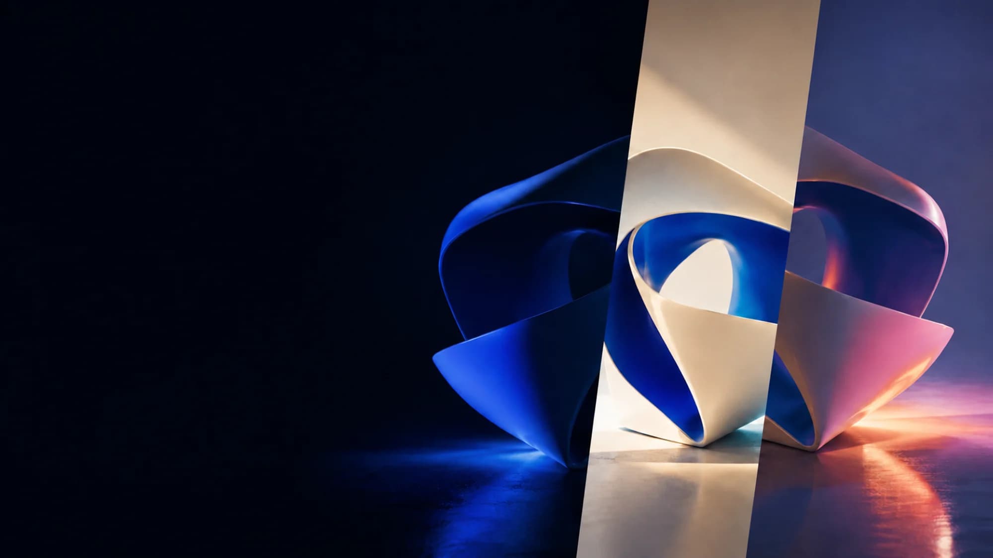 Abstract folded ribbons in cobalt blue, warm ivory and soft rose light