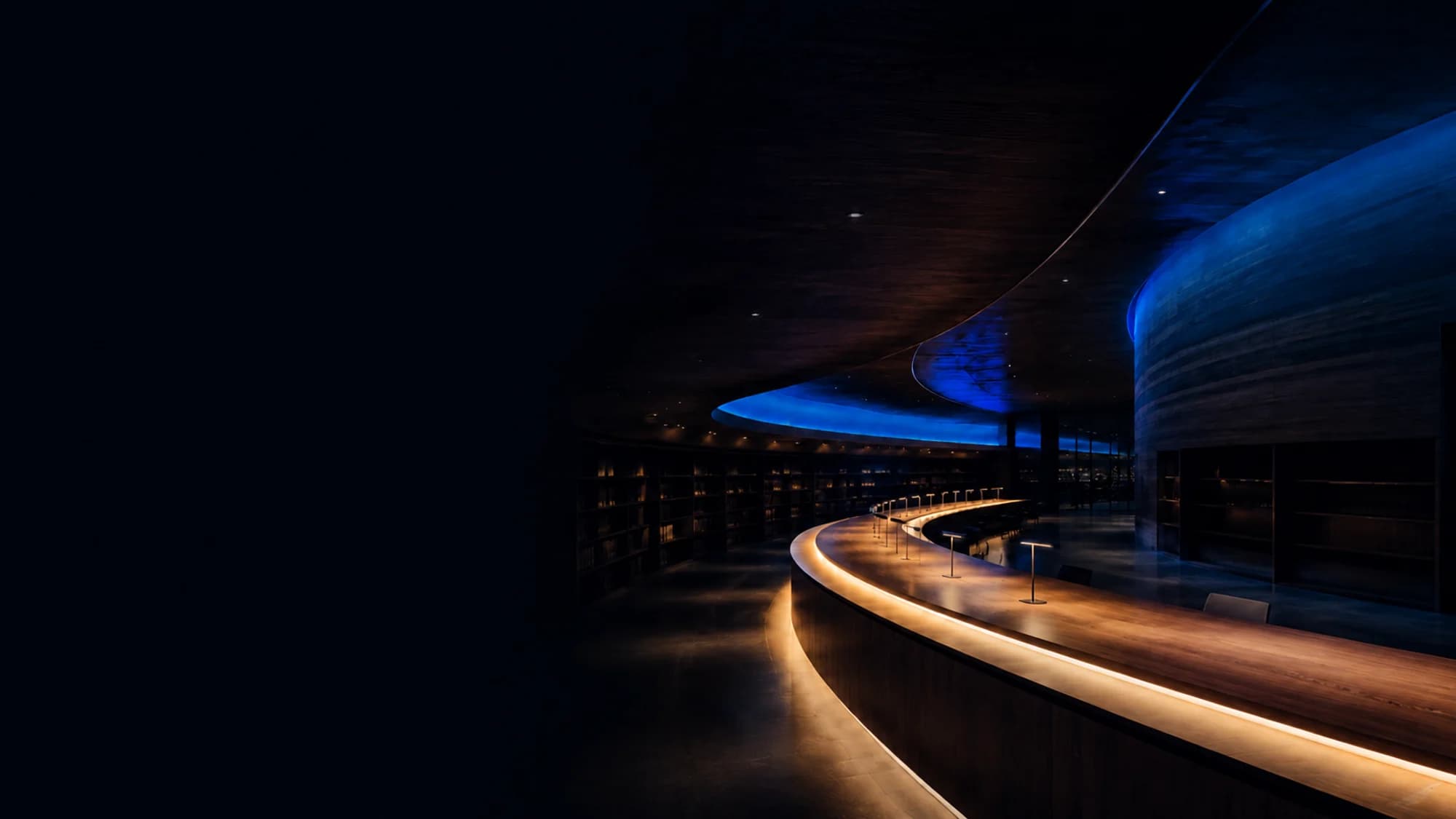 Dark architectural research library with cobalt lighting and a curved timber desk