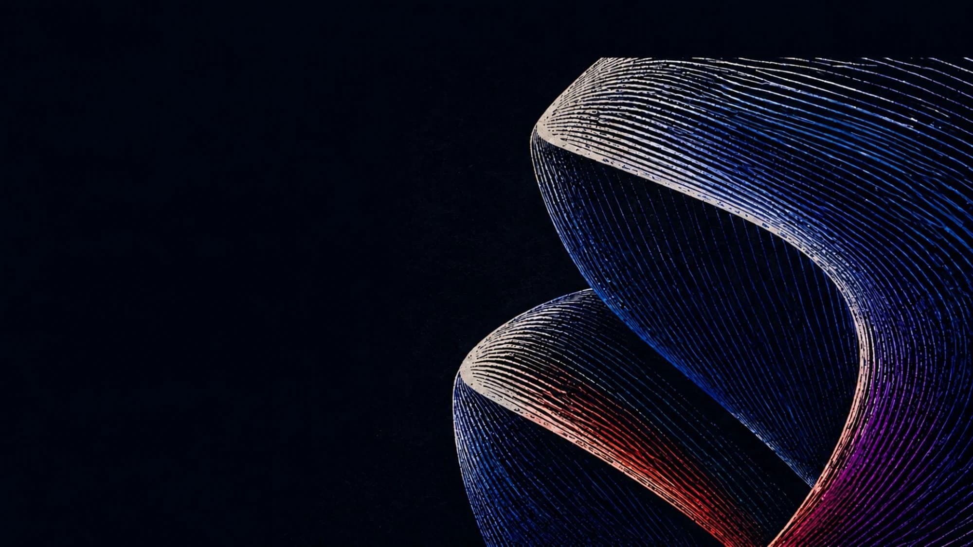Ribbed abstract ribbons folding through cobalt, silver and magenta light
