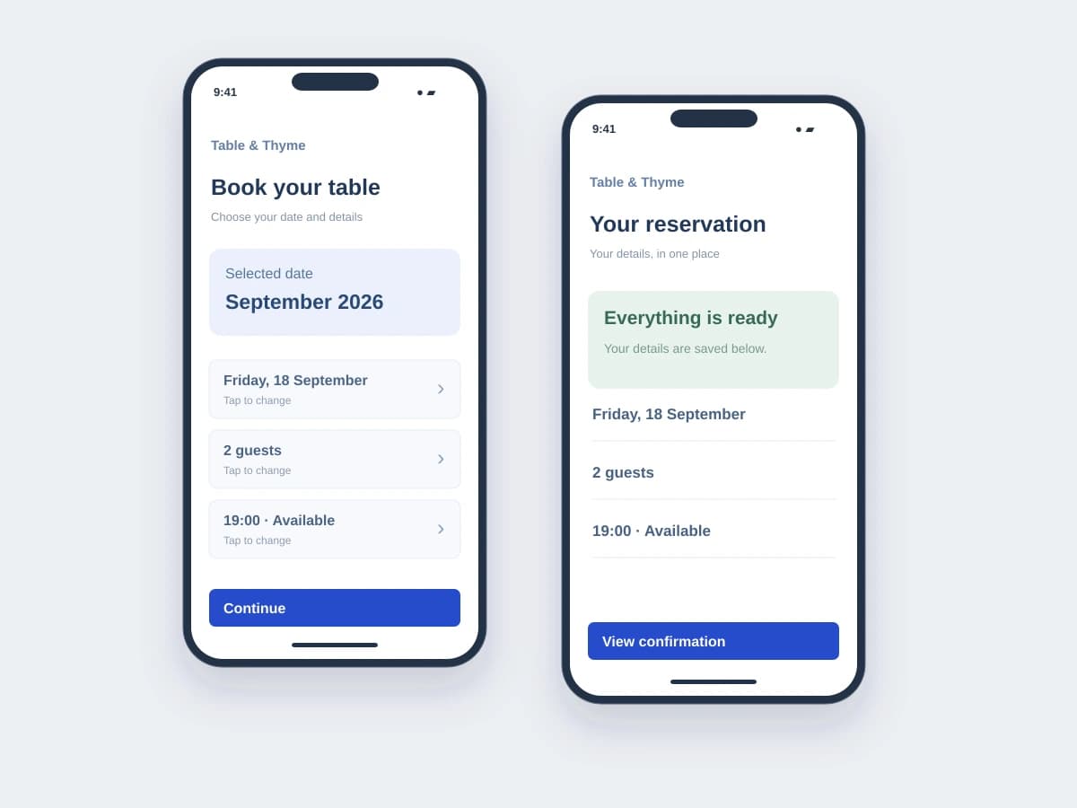 Two restaurant phone mockups showing table reservation selection and a clear booking confirmation.