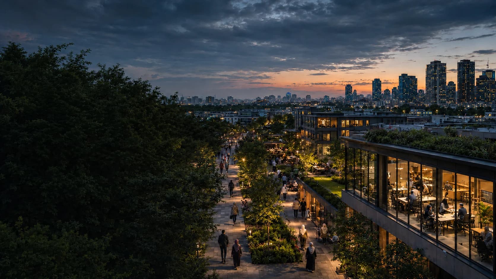 A connected urban technology campus at dusk