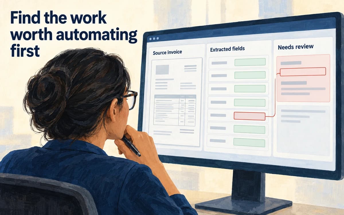 An operations specialist reviews extracted invoice fields, with a mismatched field highlighted for review.