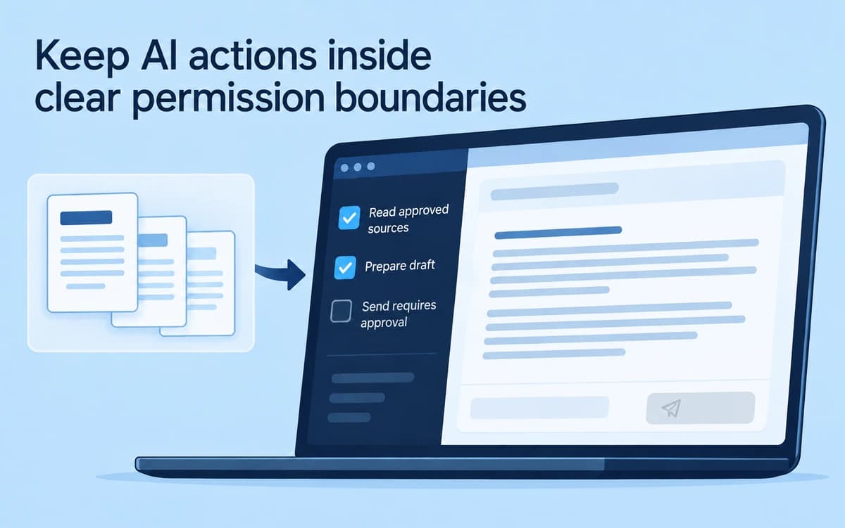 An AI drafting interface permits reading approved sources and preparing a draft while sending remains disabled.