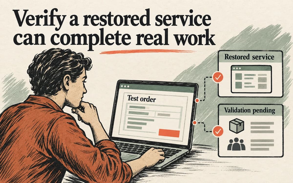 An illustrated staff member checks a test order in a restored service while its business validation remains pending.