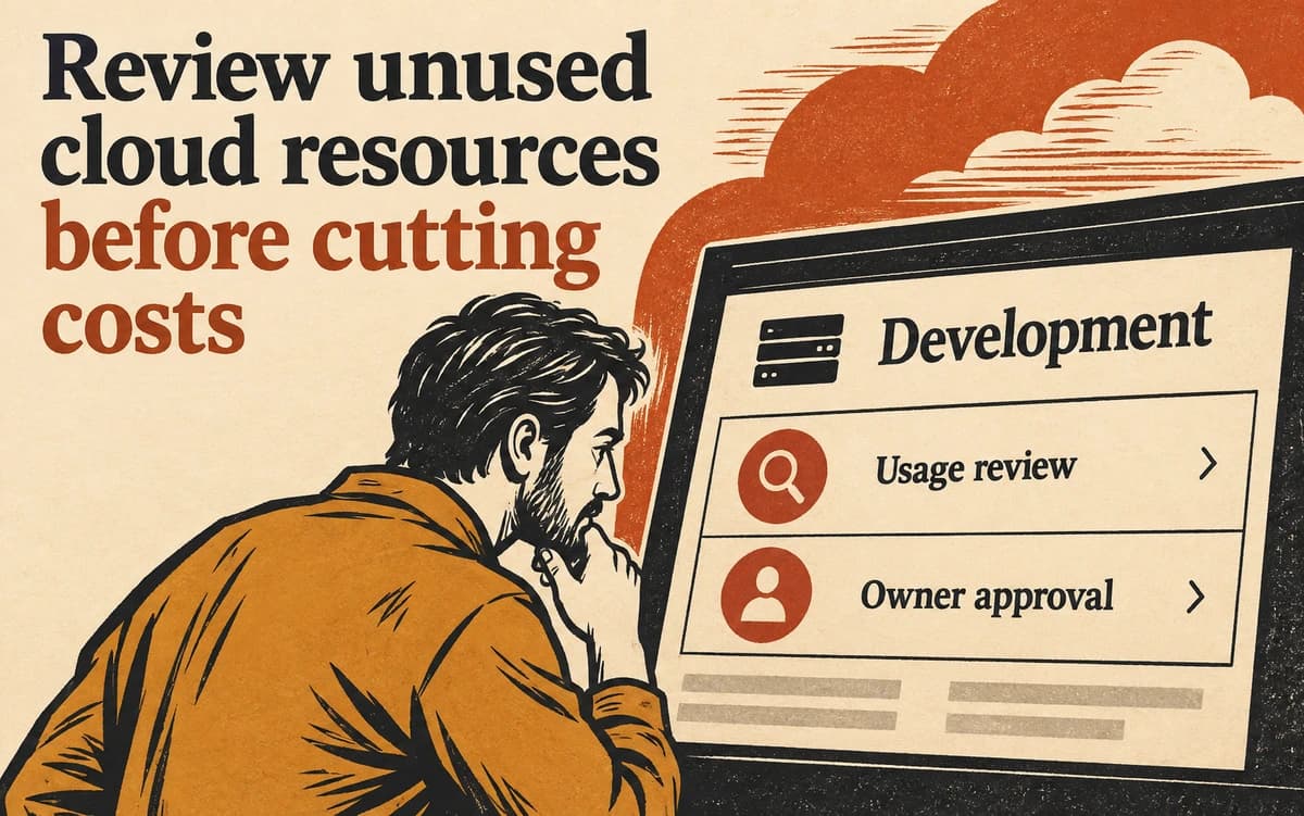 An illustrated engineer reviews usage and owner approval for a development resource before reducing cloud costs.