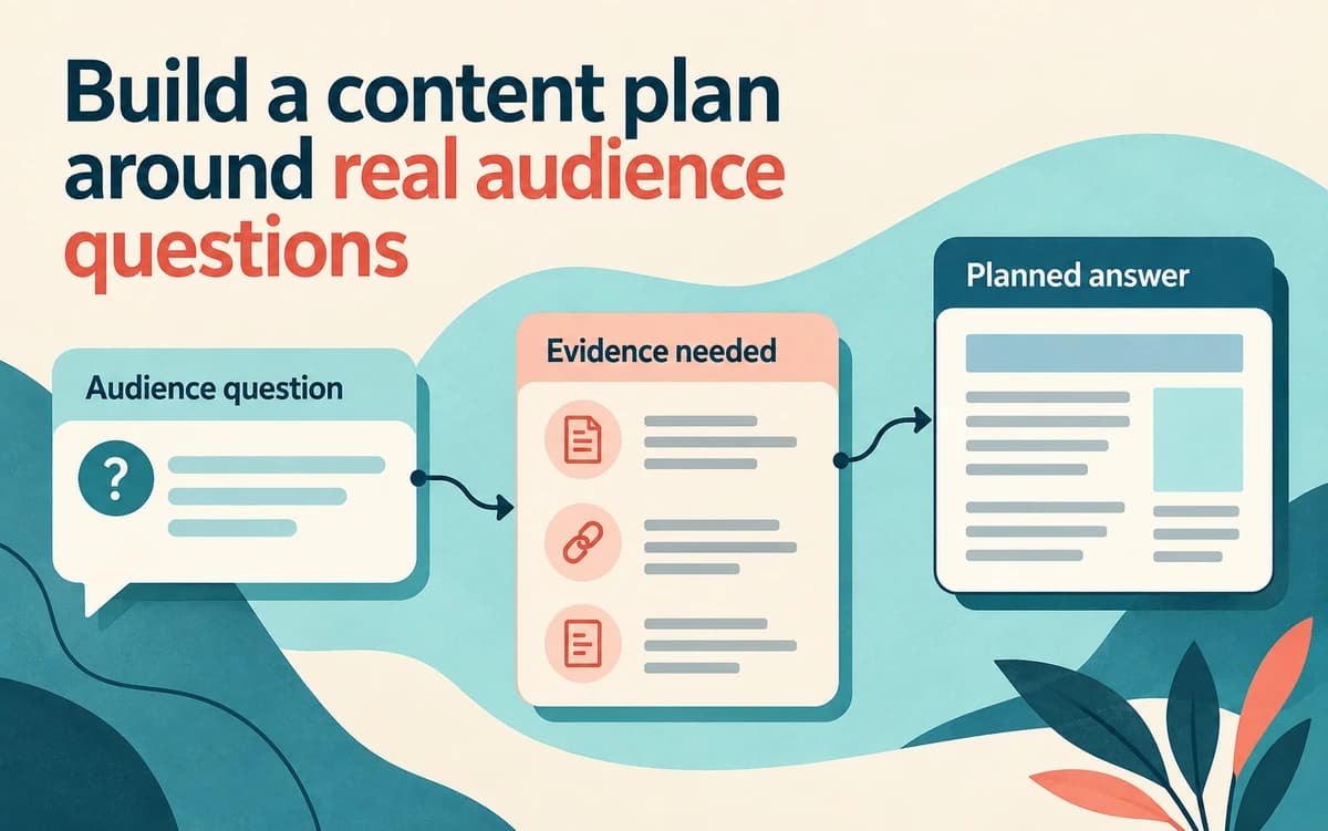 An audience question is linked to the evidence needed and the planned answer in a content-planning illustration.