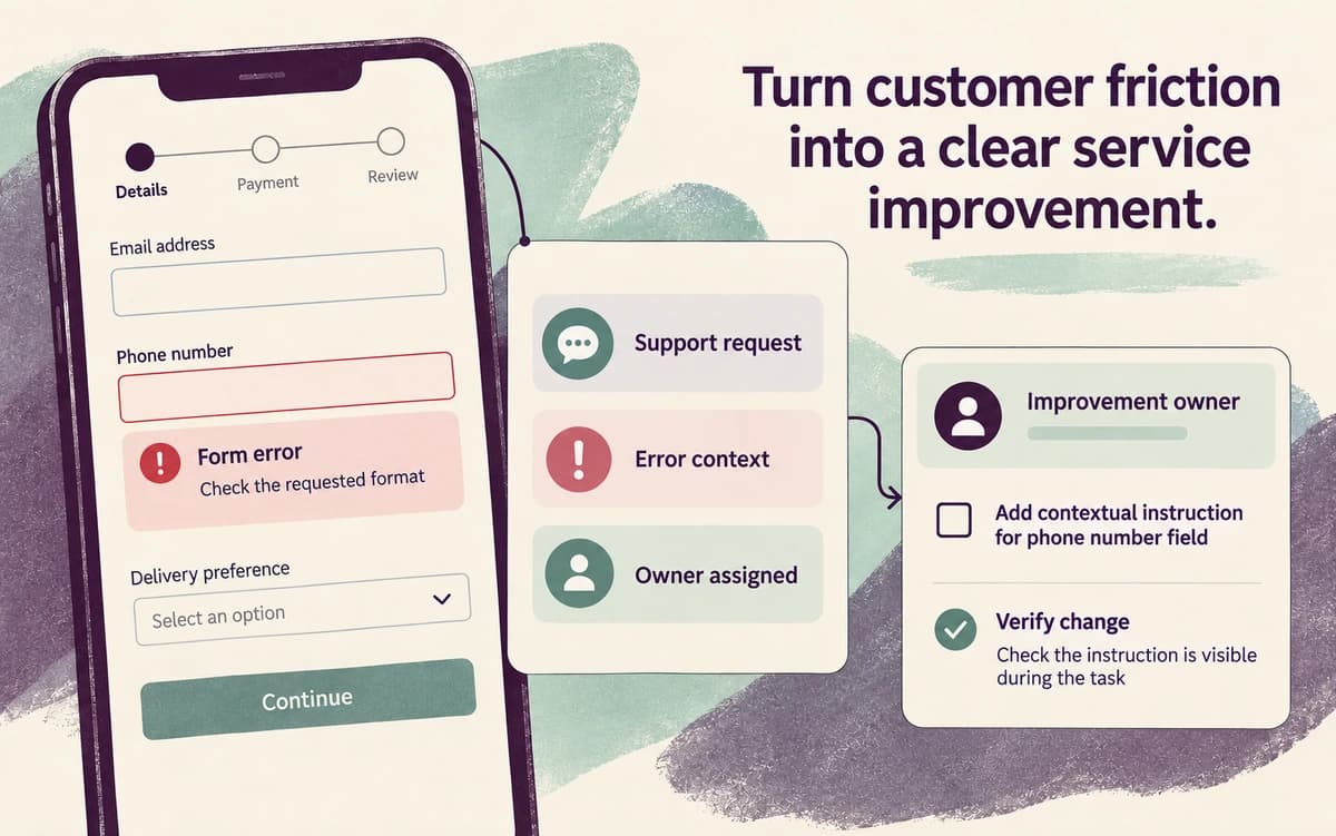 A form error and support context are linked to an owned improvement and a verification task.