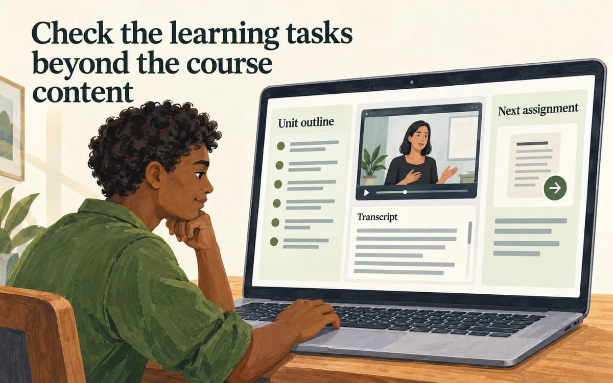 A learner uses a course interface with a unit outline, video transcript and next assignment.