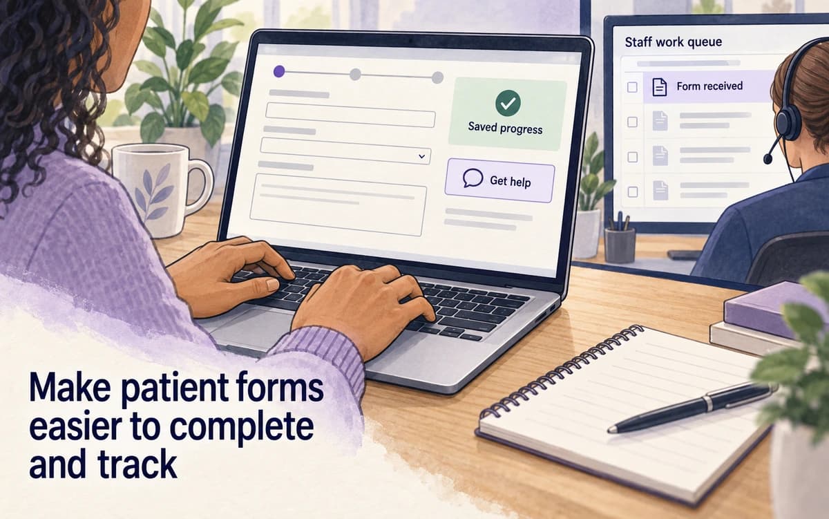 A patient form shows saved progress and a help option beside the receiving staff queue.