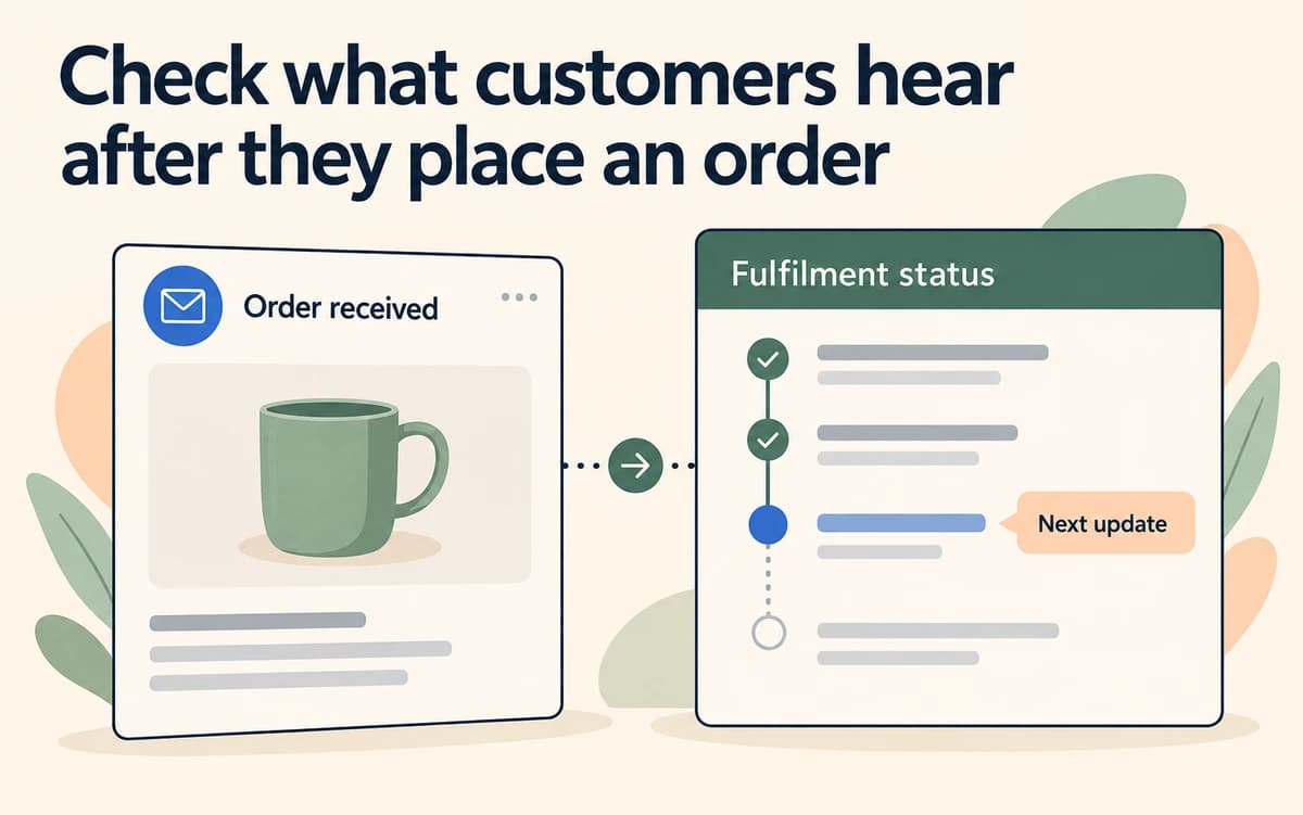 An order-received message for a mug connects to the fulfilment timeline and the next customer update.
