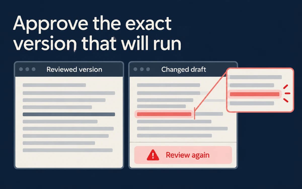 A changed draft highlights an edited line and requires another review beside the previously reviewed version.