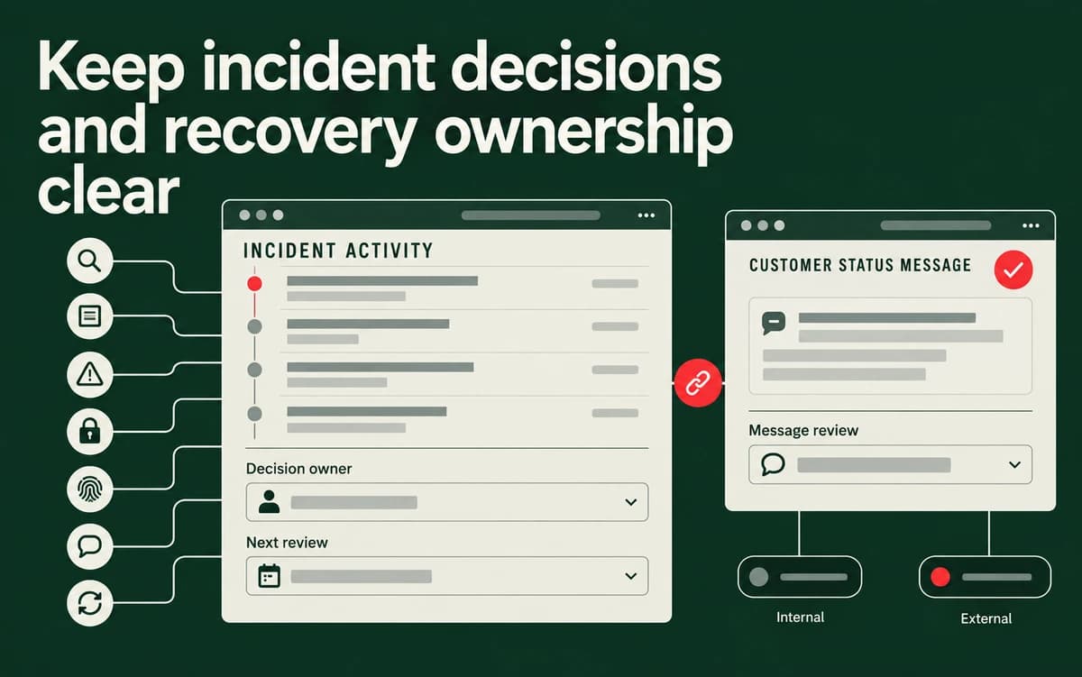An incident activity timeline with an owner and next review connects to a customer communications review pane.
