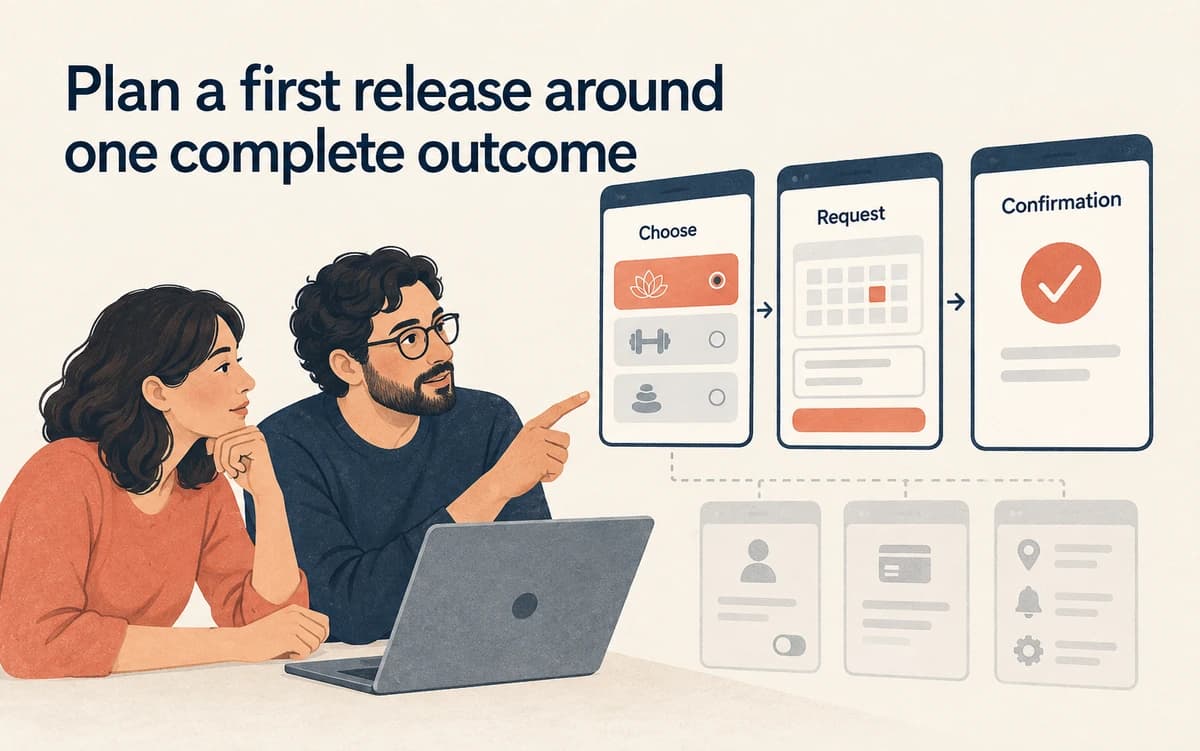 Two product reviewers select a complete booking task while leaving additional features outside the first release.
