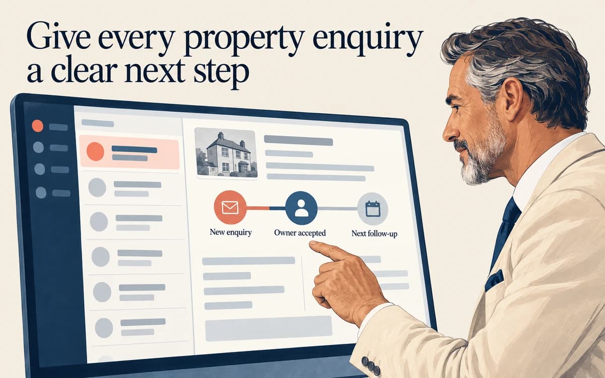A property agent reviews an enquiry record showing accepted ownership and the next follow-up.