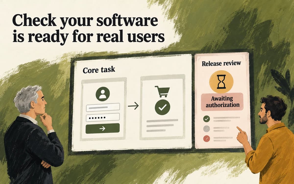 A release reviewer and engineer examine a core software task beside a separate release decision awaiting authorization.