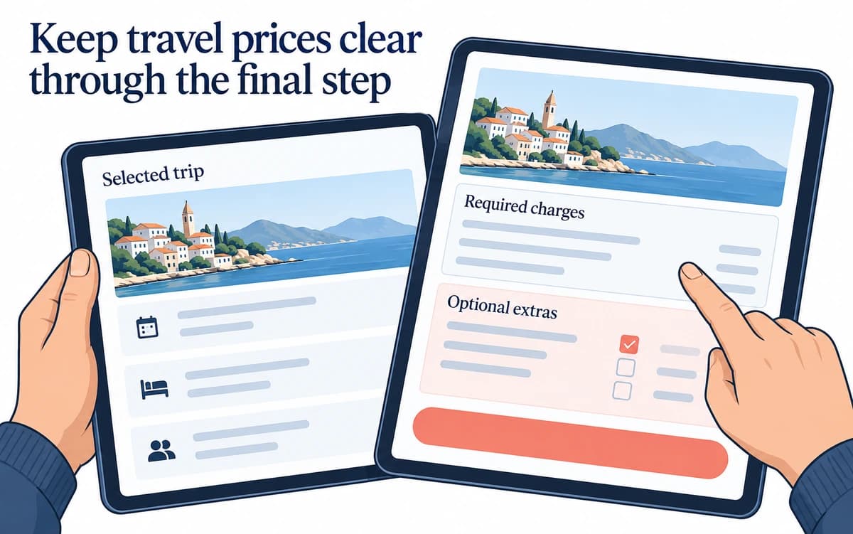 A traveller compares the selected trip with its required charges and optional extras.