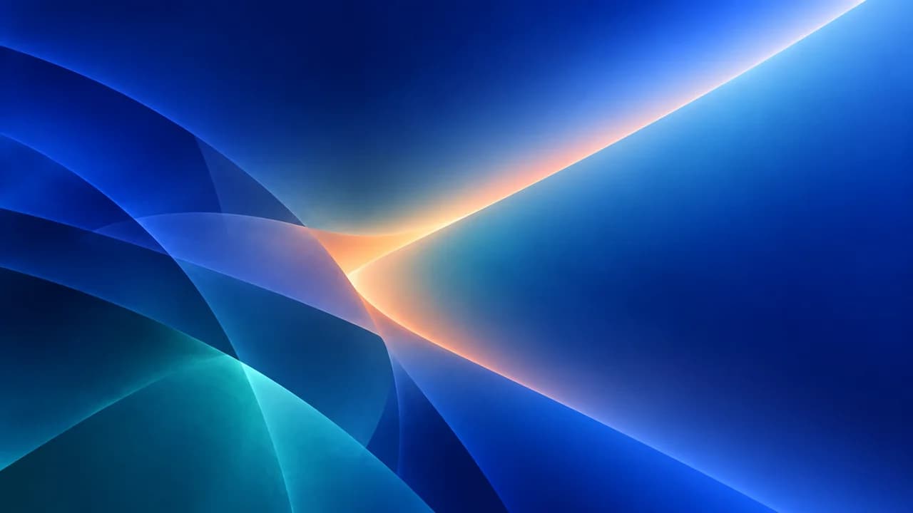 Offset cobalt and teal colour layers reorganize into a continuous diagonal structure.