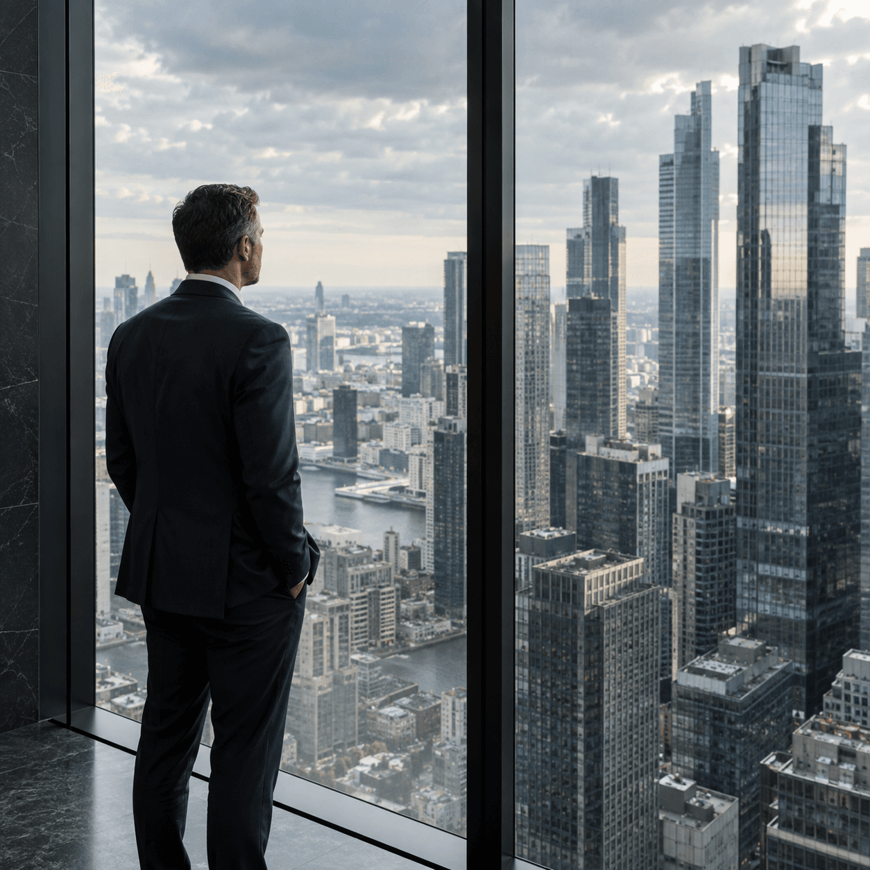A business leader looking through glass windows toward a skyline of skyscrapers