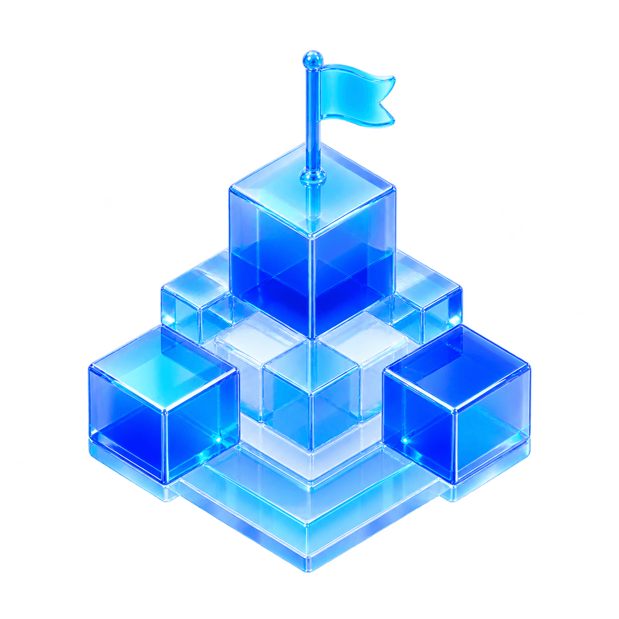 A crystalline blue platform of connected cubes topped by a flag