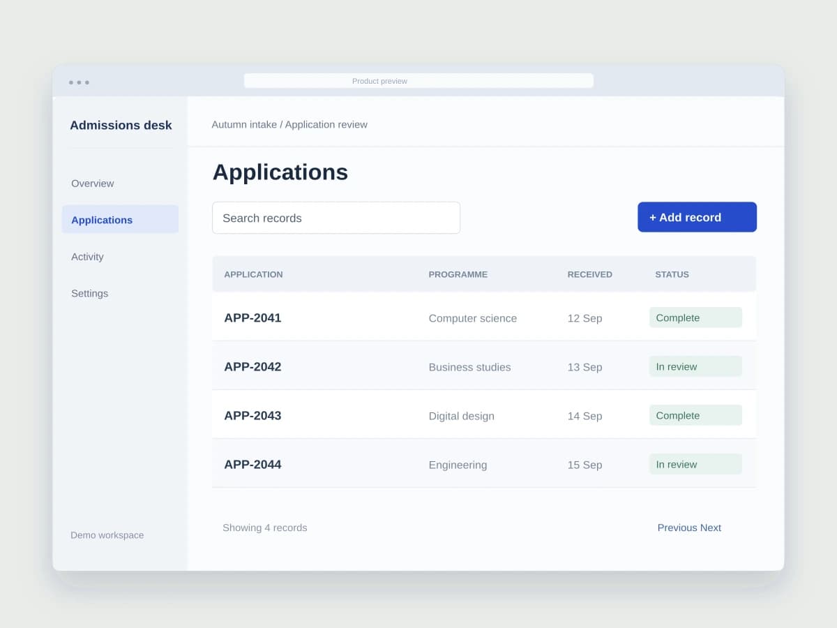 Original admissions software screen with programme applications, submission dates and enrolment review statuses.