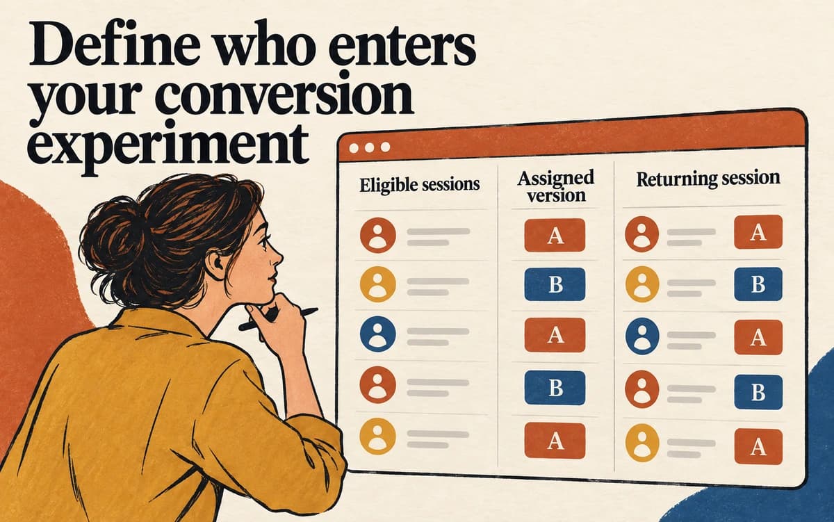 An illustrated researcher checks that returning sessions retain their originally assigned experiment version.