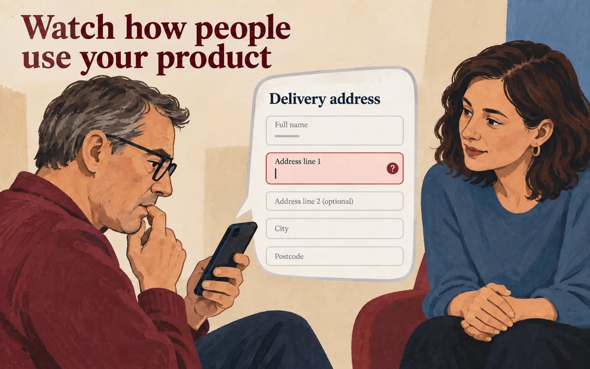 An illustrated participant works through a mobile delivery form while a moderator observes without directing the action.